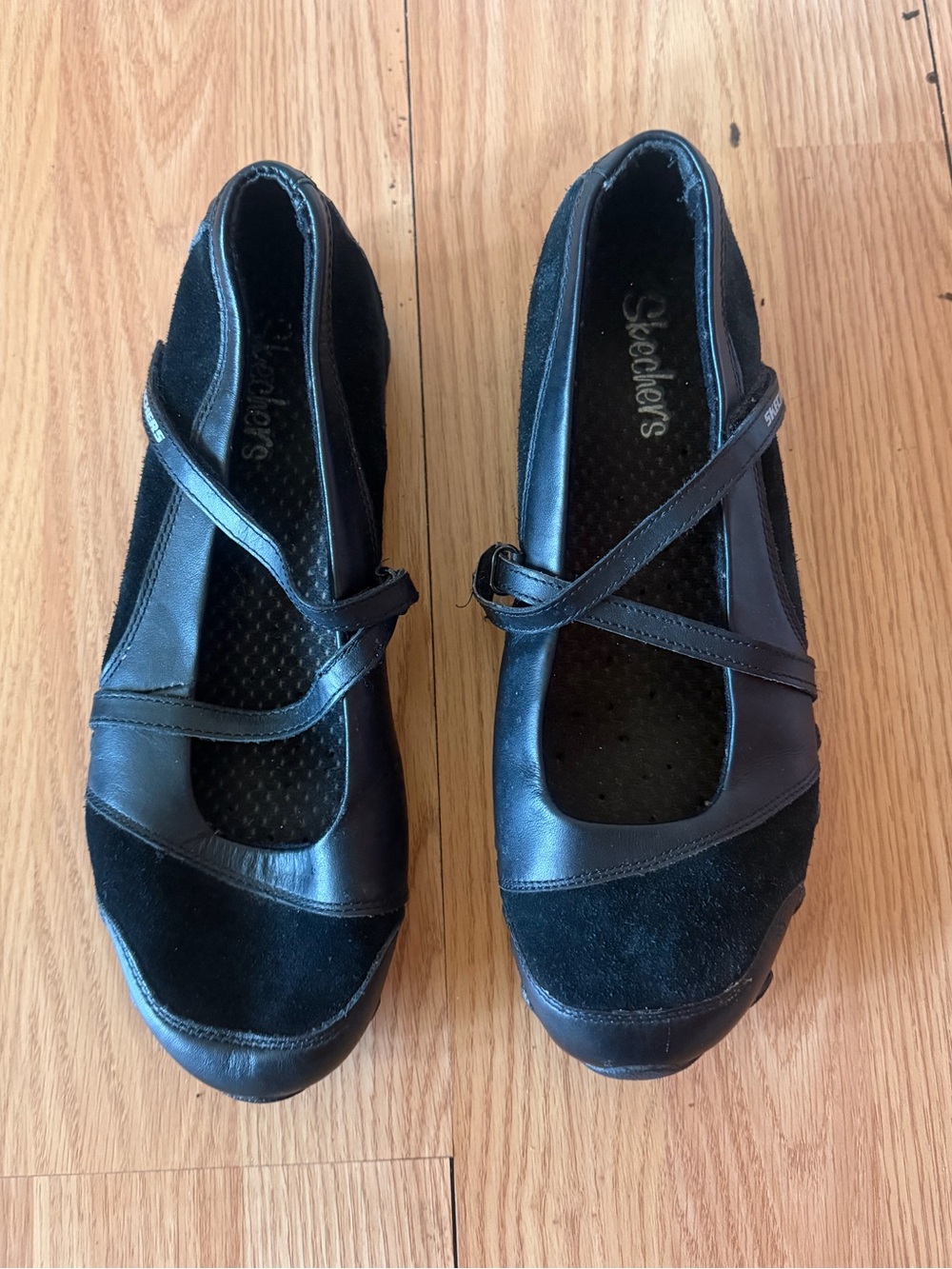 Y2KSketchers Black Suede Leather Mary Jane Sneakerina Athleisure Balletcore USA8